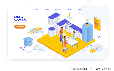 Family cooking, landing page design, website banner vector template. Father, mother and daughter making cookies. 89171550