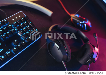 Professional gaming and streaming setup in neon color 89171551