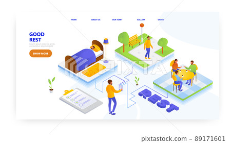 Good rest, landing page design, website banner vector template. Good sleep, walk outdoors, meeting with friends. Good rest, landing page design, website banner vector template. Good sleep, walk outdoors, meeting with friends. 89171601