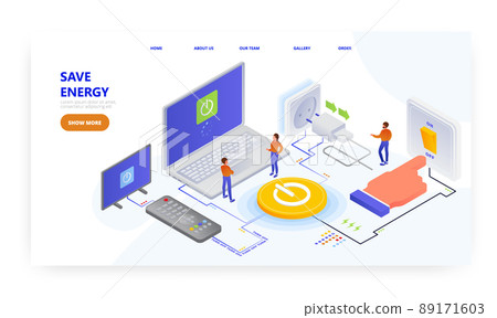 Save energy, landing page design, website banner vector template. Reduce electricity, turn off the lights and devices. Save energy, landing page design, website banner vector template. Reduce electricity, turn off the lights and devices. 89171603