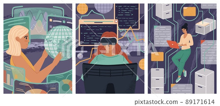 Woman in VR goggles coding AI application. Female engineers and developers. Diversity and Break the science bias concept vector illustration. Women in tech. Innovative technologies and data analytics 89171614