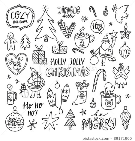 Holly Jolly Christmas outline doodles, vector clip art 89171900