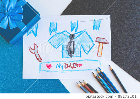 Card for father's day. A beautiful postcard with a shirt and tools for father's Day. 89172101