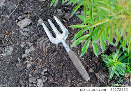 Old garden fork on the ground Old garden fork on the ground 89172383