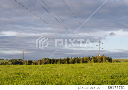 Landscape with forest, field and electric power line 89172761