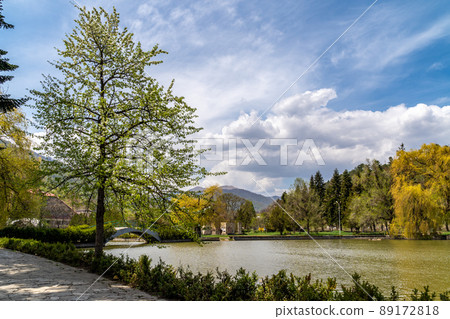 Walking path along small lake in Dilijan, Armenia on a fine spring day Walking path along small lake in Dilijan, Armenia on a fine spring day 89172818