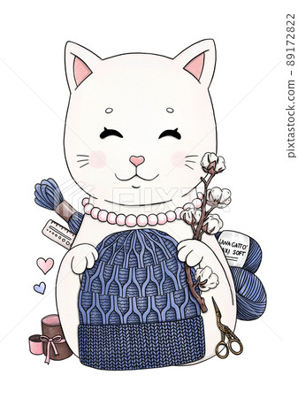 Knitting cat with knitted accessories, yarn balls Knitting cat with knitted accessories, yarn balls 89172822