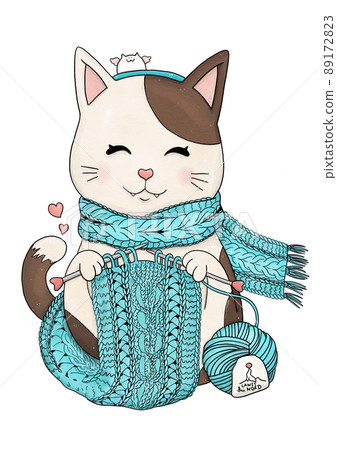 Knitting cat with knitted accessories, yarn balls Knitting cat with knitted accessories, yarn balls 89172823