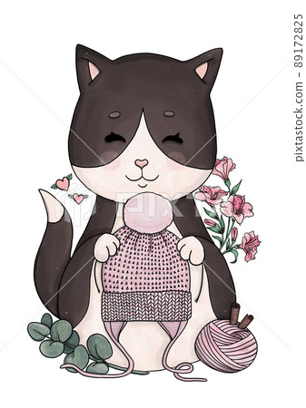 Knitting cat with knitted accessories, yarn balls Knitting cat with knitted accessories, yarn balls 89172825