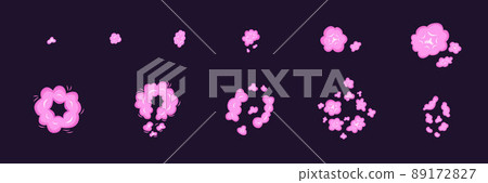 Top view pink sprite explosion set. Vector stock illustration isolated on black chalkboard background for animation comic move graphic design. EPS10 Top view pink sprite explosion set. Vector stock illustration isolated on black chalkboard background for animation comic move graphic design. EPS10 89172827