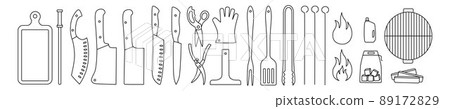 Barbecue, grill tools outline set. Editable stroke. Vector stock illustration isolated on white background for design packaging, logo, menu in restaurant. EPS10 Barbecue, grill tools outline set. Editable stroke. Vector stock illustration isolated on white background for design packaging, logo, menu in restaurant. EPS10 89172829