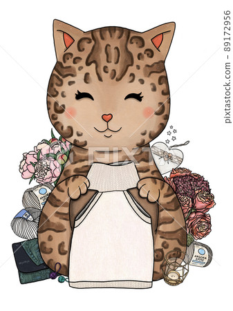 Knitting cat with knitted accessories, yarn balls 89172956