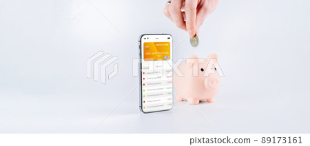 Mobile banking. Smartphone with internet online bank application. Piggy bank with usd money cash on white background. Save money business concept. 89173161