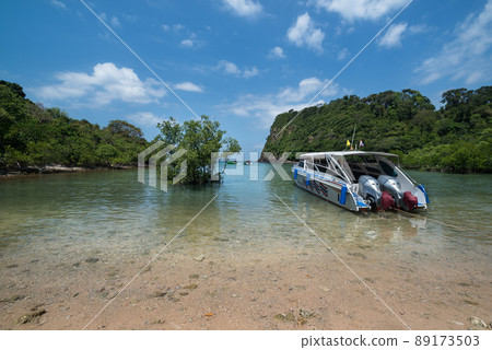 White speed boat anchored on the exotic coast of a beautiful island. Beautiful green island, blue sky with white fluffy clouds wallpaper. Ko Rok Yai, Thailand 89173503