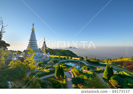 Naphamethinidon and Naphaphonphumisiri, Chedi of the Queen and Chedi of the King, the two pagodas and garden near the summit of the highest mountain in Thailand. Doi Inthanon, Chiang Mai Province Naphamethinidon and Naphaphonphumisiri, Chedi of the Queen and Chedi of the King, the two pagodas and garden near the summit of the highest mountain in Thailand. Doi Inthanon, Chiang Mai Province 89173537