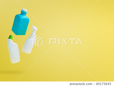 Levitation, falling in air blank household chemical bottles for cleaning the house. Isolated on yellow background. Plastic packaging. Toilet cleaner, detergent sprayer, soap. New brand product mockup Levitation, falling in air blank household chemical bottles for cleaning the house. Isolated on yellow background. Plastic packaging. Toilet cleaner, detergent sprayer, soap. New brand product mockup 89173645