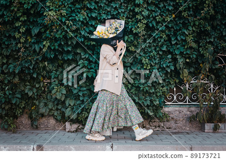 Flower bouquets, Gift Delivery. Happy woman with Wonderful Edible Wedding Bridal Flower Bouquets outdoor. Custom DIY Fruit Vegetable green organic bouquet. Flower bouquets, Gift Delivery. Happy woman with Wonderful Edible Wedding Bridal Flower Bouquets outdoor. Custom DIY Fruit Vegetable green organic bouquet. 89173721