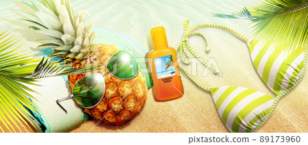 Creative pineapple with sunglasses on summer background. Creative pineapple with sunglasses on summer background. 89173960