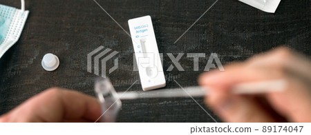 Corona virus antigen fast test. Lab card kit test for COVID-19. Corona virus antigen fast test. Lab card kit test for COVID-19. 89174047