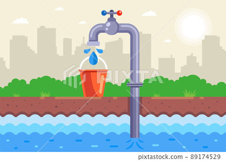 borehole pump pumps water into a bucket. collect drinking water. 89174529