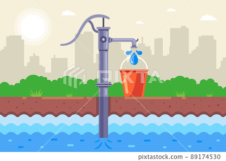 borehole pump pumps water into a bucket. collect drinking water. 89174530