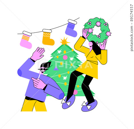 Christmas party abstract concept vector illustration. Winter holiday tradition, pine tree decoration, christmas celebration, family party, corporate event, giving presents abstract metaphor. 89174557