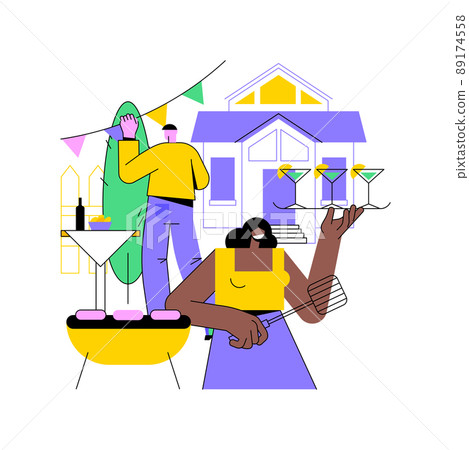Garden party decoration abstract concept vector illustration. Outdoor party ideas, floral table decoration, dining space, landscape designer, backyard lighting, fairy lights abstract metaphor. 89174558