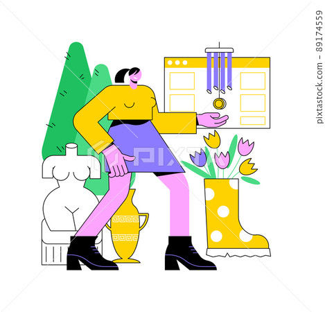 Garden ornaments abstract concept vector illustration. Outdoor decoration, bird bath, artisan animal sculpture, landscape design, garden accessories, wind chime, shop online abstract metaphor. 89174559