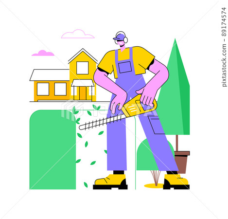 Hedge trimming abstract concept vector illustration. Hand shears, dead wood, remove branches, shape trees and shrubs, hedge clipper, landscape maintenance, laser level abstract metaphor. 89174574