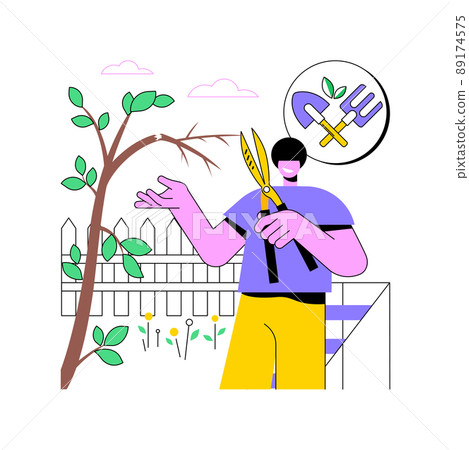 Cutting trees and shrubs abstract concept vector illustration. Gardening services, landscape maintenance, pruning, remove diseased, dead and broken branches, shape trees abstract metaphor. 89174575