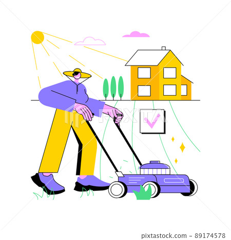 Lawn mowing service abstract concept vector illustration. Grass cutting and clean up, aeration and fertilizing, lawn weeding, gardening services, dandelion removal, blowing abstract metaphor. 89174578