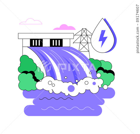 Hydropower abstract concept vector illustration. Hydropower electricity, water power, renewable sources, falling fast-running, hydroelectric plant, dam turbine generate, river abstract metaphor. 89174607