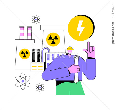 Nuclear energy abstract concept vector illustration. Nuclear power plant, sustainable energy source, cooling towers, uranium atom, distribution system, generate electricity abstract metaphor. 89174608