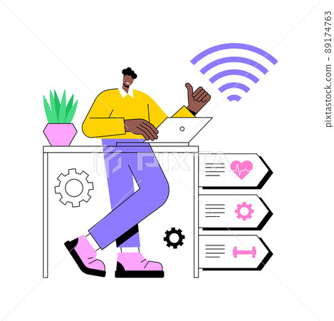 Health-focused IOT desks abstract concept vector illustration. IOT office desk, body activity tracking, working efficiency, health-focused environment, employee well-being abstract metaphor. 89174763