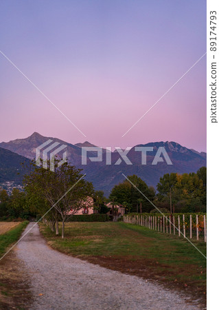Evening purple sunset with swiss mountains and a road 89174793