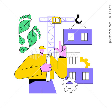 Modular home abstract concept vector illustration. Modular building, permanent foundation construction, prefabricated home components transportation, green footprint technology abstract metaphor. 89174796