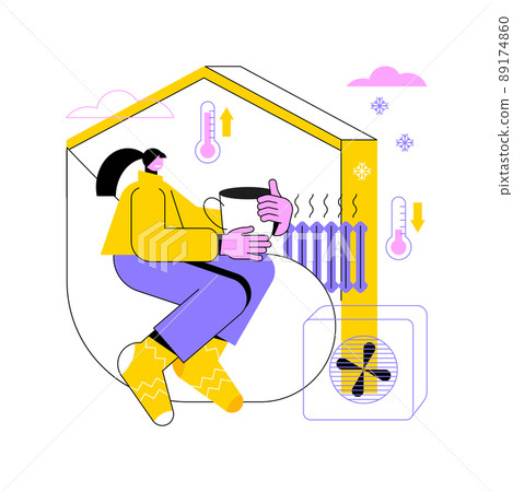 Home heating technologies abstract concept vector illustration. Smart house, heating radiator, save energy, temperature control, solar panel, air conditioning, home automation abstract metaphor. Home heating technologies abstract concept vector illustration. Smart house, heating radiator, save energy, temperature control, solar panel, air conditioning, home automation abstract metaphor. 89174860