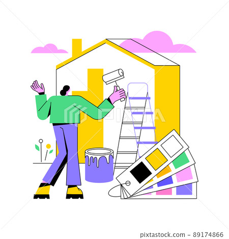 Painter services abstract concept vector illustration. Residential and commercial painting contractor, interior and exterior house renovation, decorative finish, color sampling abstract metaphor. 89174866