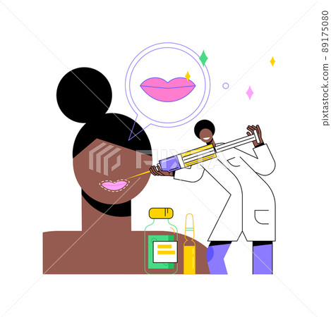 Lip injections abstract concept vector illustration. Filler cosmetic procedure, plump lips method, hyaluronic acid, improve appearance, facial plastic injection, botulinum toxin abstract metaphor. 89175080