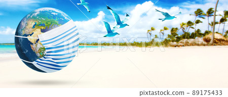 The world with corona virus mask. Elements of this image furnished by NASA. 89175433