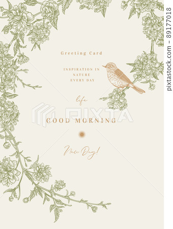 Card with spring branches and a bird. 89177018