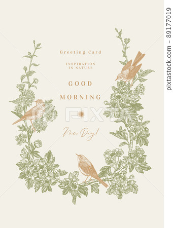 Frame with spring branches and birds. 89177019