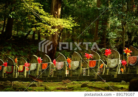 Jizo standing in the fresh green Shiga Kongorinji Temple 89179107