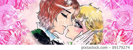 Illustration and rose background of a blonde vertical roll princess proposed to a handsome prince in the 70's shojo manga Illustration and rose background of a blonde vertical roll princess proposed to a handsome prince in the 70's shojo manga 89179274