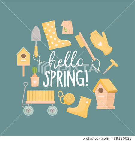 Hello spring, spring set, flat design, vector 89180025