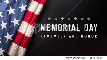 Happy memorial day concept made from American flag with the text on dark wooden background. 89180358