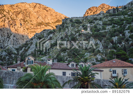 Colorful street in Old town of Kotor on a sunny day, Montenegro 89182076