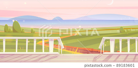 Wooden terrace and view to green fields and lake 89183601