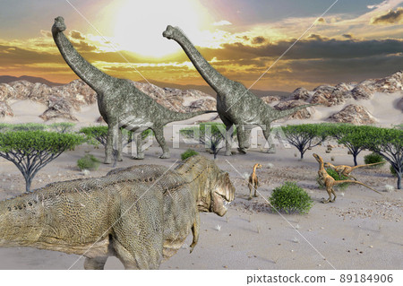 三隻迅猛龍接近兩隻扁龍，一隻暴龍接近捕食它們。 89184906