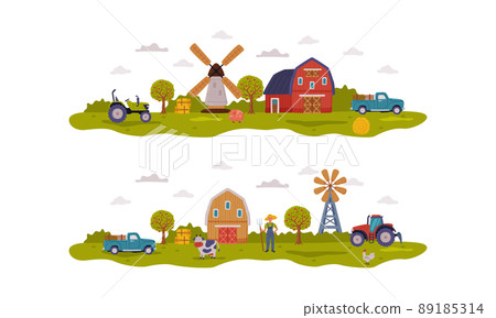 Farm scenes set. Rural buildings, livestock and machinery on summer rural landscape cartoon vector illustration 89185314